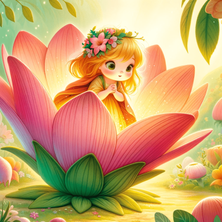 A charming and whimsical illustration depicting the birth of Thumbelina from a flower