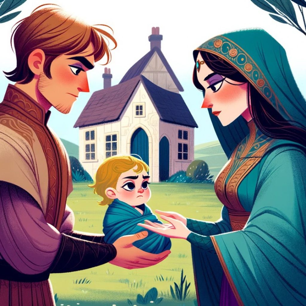 A heart-touching scene where a humble father is handing over a newborn baby girl to the enchantress Gothel
