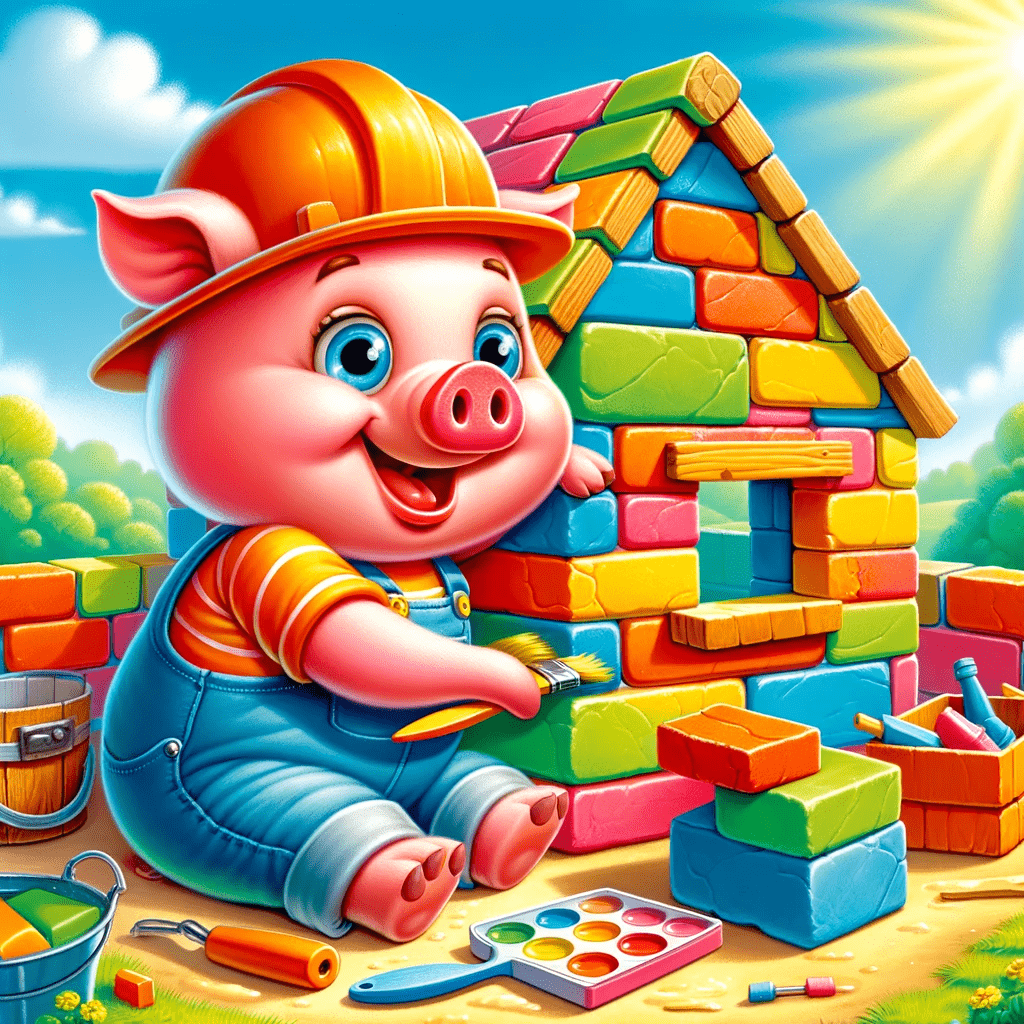 A joyful and colorful scene from the 'The Three Little Pigs'. The third pig, Patch, is shown building his strong house of bricks.