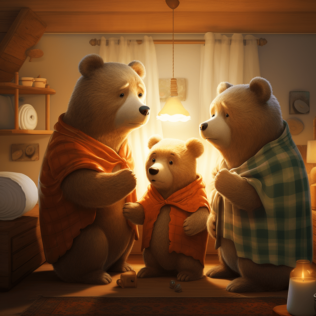 Papa Bear, Mama Bear, and little Baby Bear are standing in their badroom