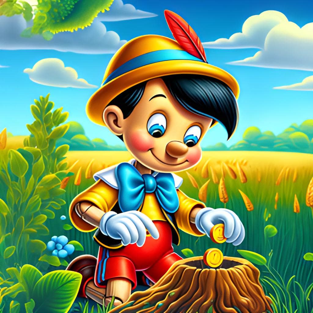 Pinocchio planting his gold coins in the field