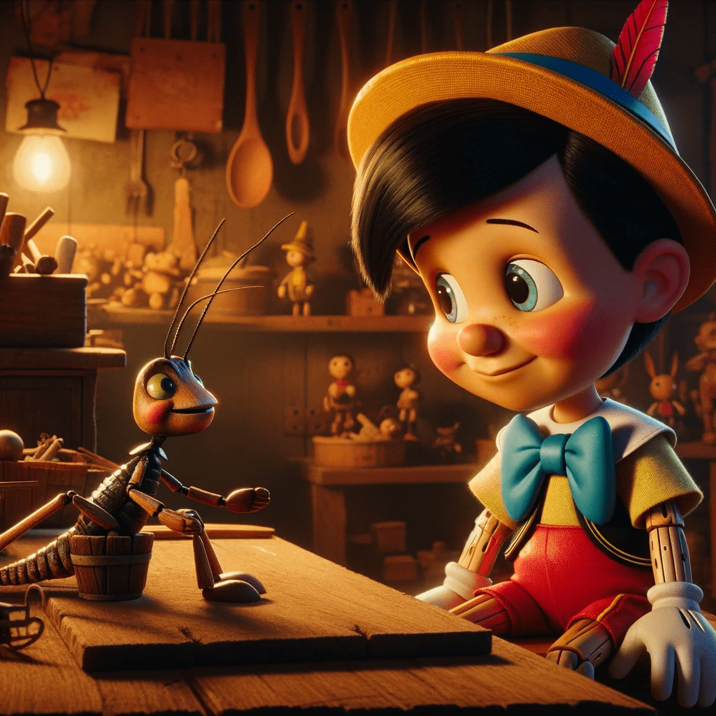 Pinocchio speaking with the Talking Cricket in the cozy workshop. The scene is warm