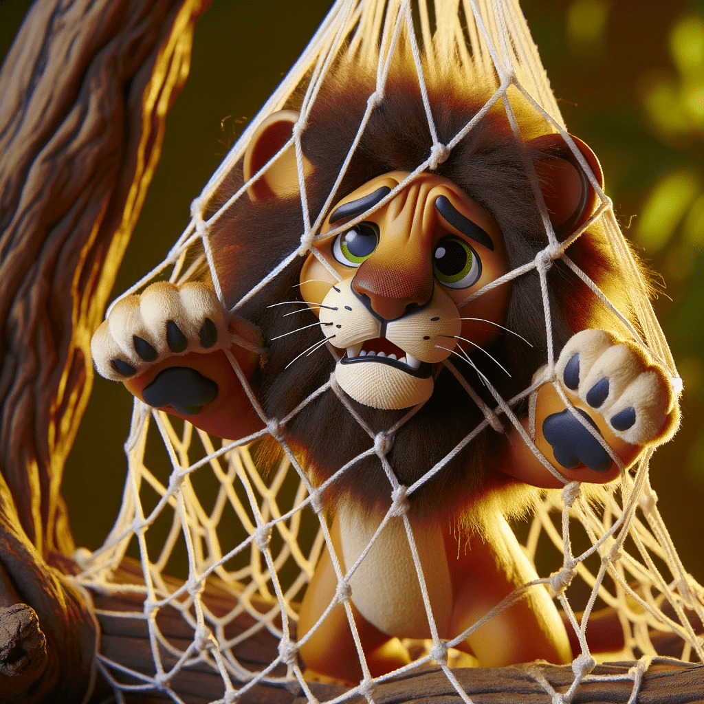 The lion caught in a hunter's net, displaying his struggle and frustration in a way that builds tension but is still suitable for young kids