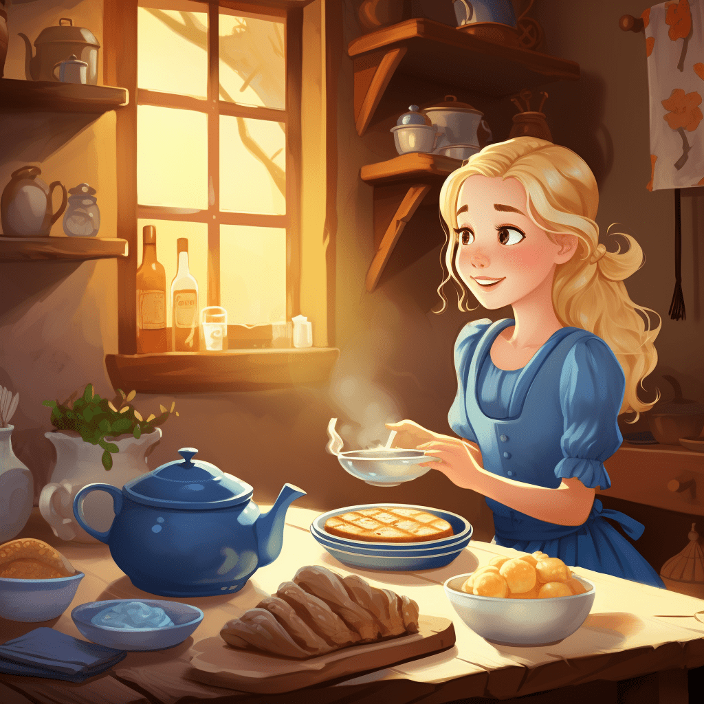 little girl with golden hair named Goldilocks is eating a porridge