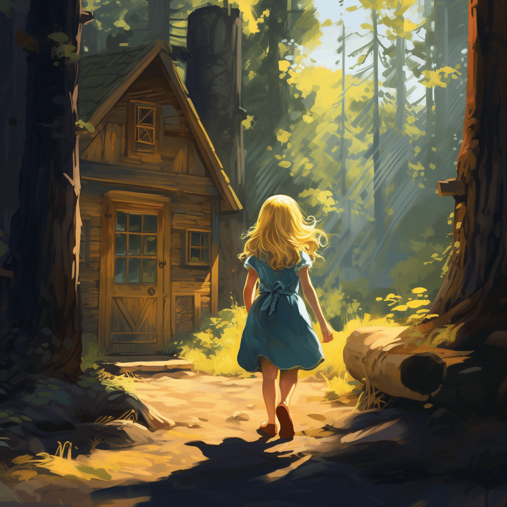 little girl named Goldilocks is walking to the cottage
