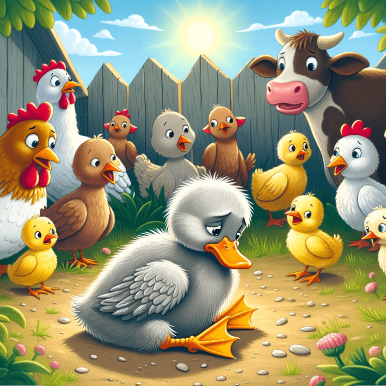 The gray, awkward-looking duckling feeling sad and alone, as he is excluded by other farm animals like hens, chicks, and a cow.