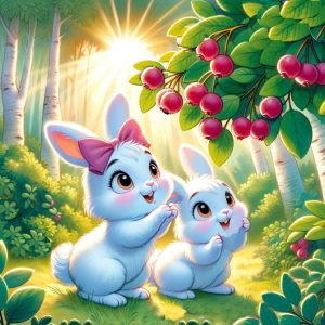Two white rabbits are looking at berries high above them