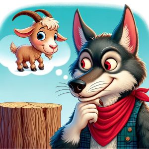 Walter the wolf with a sly look as he spots Gilbert the goat and thinks about how to trick him