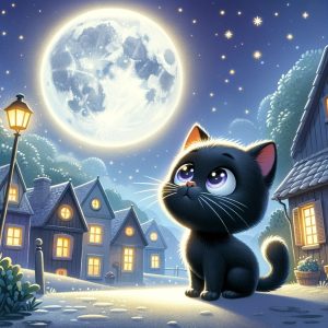 A black cat with sparkling eyes, gazing up at the bright, round moon in a town