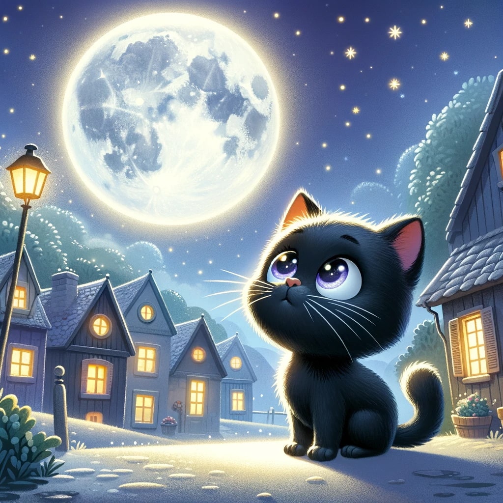 A black cat with sparkling eyes, gazing up at the bright, round moon in a town