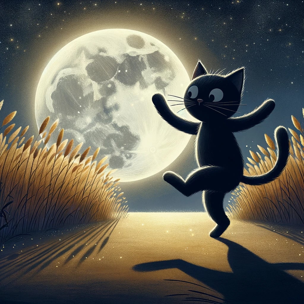 the black cat dancing with his shadow under the moon's soft glow in a field