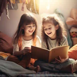 two children read a book