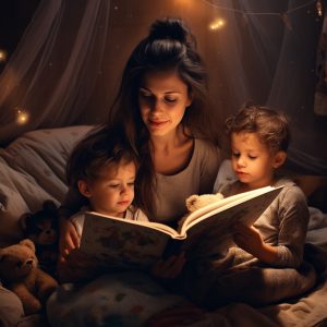 woman reads a bedtime story to her young-kids