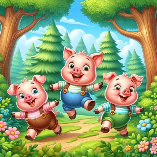A happy and playful scene in a forest, featuring the three pigs from 'The Three Little Pigs'. Pinky, Porky, and Patch among the trees