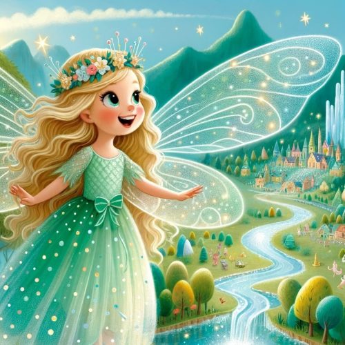 An illustration of Lily, a tooth fairy, as she embarks on her flight to the human world
