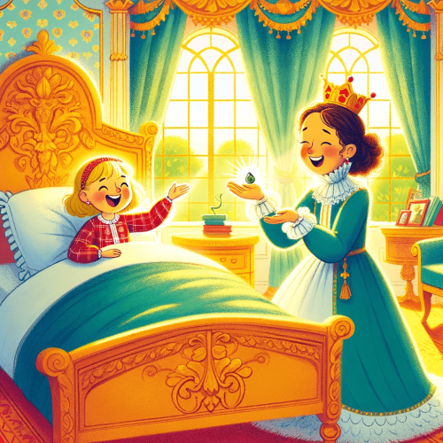 the morning scene in the palace bedroom from 'The Princess and the Pea'. The little girl is in the bed and the Queen is holding the pea